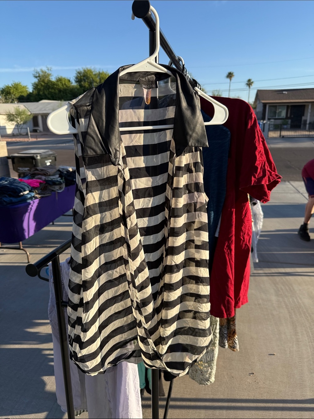 Zenobia Black and White Striped Sleeveless Collared Blouse